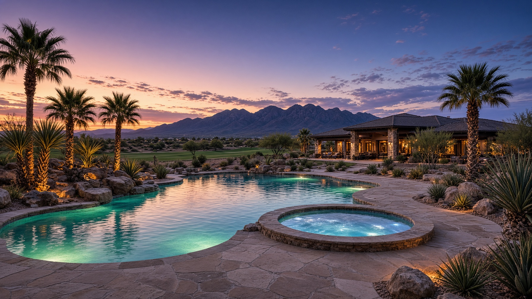 Twilight pool at a Rio Verde Arizona country club with desert mountains beyond