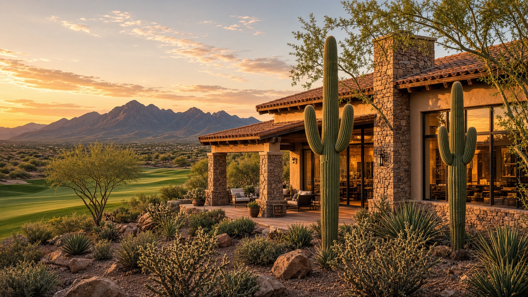 Luxury golf-course home for sale in Rio Verde, Arizona, with Four Peaks on the horizon