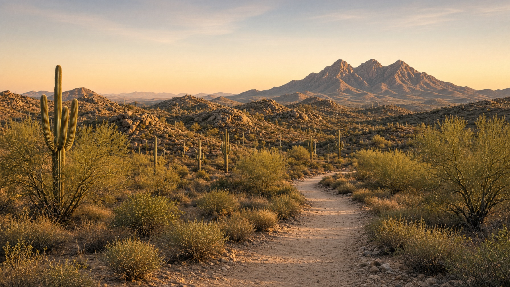 Saguaro-lined hiking trail in McDowell Mountain Regional Park near Rio Verde Arizona homes